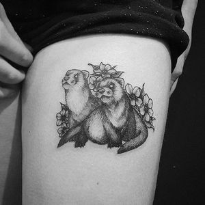 Cute ferrets and flowers by Fliquet Renouf. #blackwork #linework #FliquetRenouf #ferret #flower