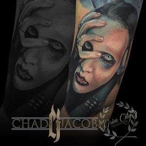 Marilyn Manson Tattoo by Chad Jacob #MarilynManson #Portrait #ColorPortrait #PortraitTattoos #ColorRealism #ChadJacob #MarilynManson