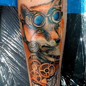 Stunningly detailed steampunk fox tattoo love the smooth colors Tattoo by Mikhail at White Rabbit #steampunk #victorian #scifi #vintage #futuristic #fox #Mikhail #WhiteRabbit