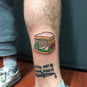Sandwich dog tattoo by Clara Ambrosia. #ClaraAmbrosia #cute #fun #sandwich #dog