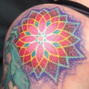 Colourful flower mandala by Brian Geckle #BrianGeckle #mandala #colour #flower #flowermandala #dotwork
