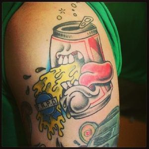Puking beer can by Billy Boston (via IG -- billybostonink) #billyboston #puke #puketattoo #pukingtattoo #vomit #vomittattoo #vomitingtattoo