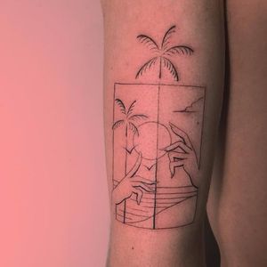 Cool beach tattoo by Dylan Long Cho #DylanLongCho #linework #minimalist #minimalistic #summer #beach #palmtree