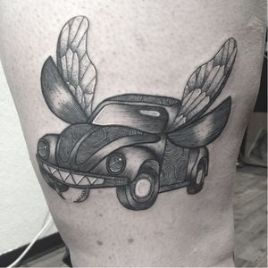 Funny beetle tattoo by Tahlz #Tahlz #linework #blackwork #illustrative #beetle #car