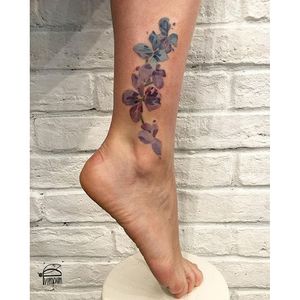 Muted pastel palette watercolor violet tattoo by Rit Kit.  #violet #flower #purple #abstract #watercolor #RitKit