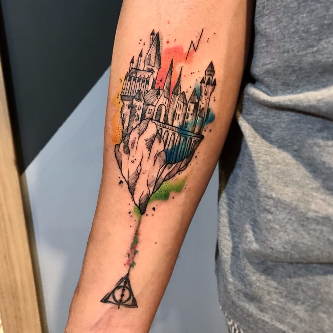 Watercolor Harry Potter Lettering and Script Linework Color tattoo by  Orlando Tattoo Artist  Cortni West