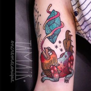 Wingless griffin tattoo by Alex Iumsa. #AlexIumsa #EncreMecanique #illustrative #folkart #folk #griffin #creature #monster
