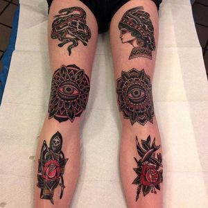 A very nice pair of patchwork sleeves composed of several traditional bangers by Johann Ingemar (IG—sign_of_the_wolf). #bangers #bold #dark #JohannIngemar #ladyhead #mandalas #reaper #skull #snake #sparrow #traditional