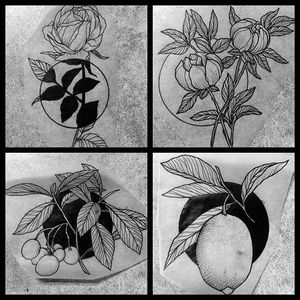 Blackwork negative space + flower flashes by Casper Mugridge. #CasperMugridge #blackwork #negativespace rose #flower #floral #flashes #botanical #plants #linework