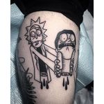 A simple but scary linework tattoo of a svered Rick And Morty. Tattoo by Pat Crump. #RickAndMorty #linework #RickSanchez #MortySmith #cartoon #PatCrump