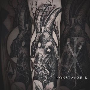 Dark looking 3 eyed goat tattoo done by Konstanze K. #KonstanzeK #illustrativetattoos #black #goat