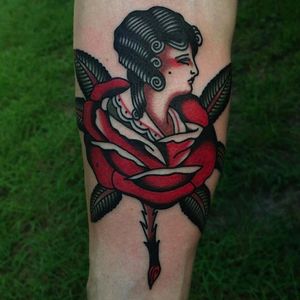 Red Rose Woman Tattoo by Ivan Antonyshev #IvanAntonyshev #traditionalrose #Traditional #Girl #Woman #Mainstaytattoo #Austin #Rose