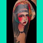 Hippie girl head tattoo by HIRO. #HIRO #traditional #tattoo #colored
