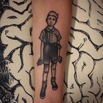 Child with toy hand grenade tattoo by Vinz Flag. #VinzFlag #popculture #cartoon #bold #color #portrait #retro
