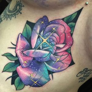 Space flower tattoo by Guen Douglas #GuenDouglas #spacetattoos #color #neotraditional #rose #flower #floral #galaxy #stars #sparkle #leaves #nature #space #universe