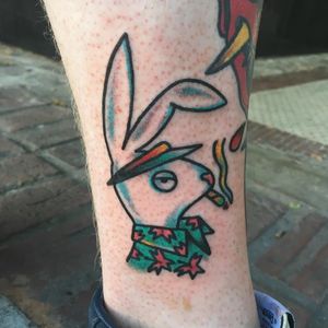 Hip bunny tattoo by Shane Nesmith #ShaneNesmith #weedtattoos #color #traditional #playboy #playboybunny #bunny #rabbit #animal #stoner #smoking #smoke #joint #marijuana #hawaiianshirt #tattoooftheday