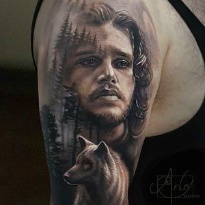 Jon Snow and Ghost Tattoo by @Arlotattoos #Ariotattoos #jonsnowtattoo #gameofthronestattoo #winteriscoming