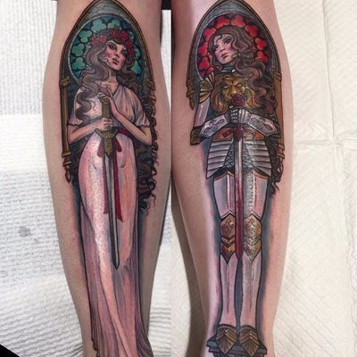 Women are heroes by Hannah Flowers #hannahflowers #Artnouveau #illustrative #AlphonseMucha #sword #knight #armor #portrait #lady #pinup #stainedglass #goddess #princess #tattoooftheday