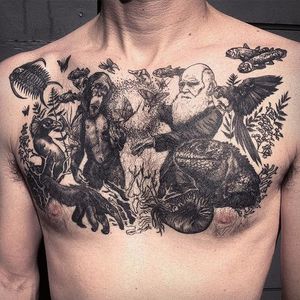 Charles Darwin and family tattoo by Jean-Luc Navette. #JeanLucNavette #blackwork #vintage #gothic #dark #charlesdarwin #evolution