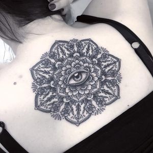 Eye Mandala tattoo by Flo Nuttall #FloNuttall #besttattoos #mandala #blackandgrey #ornamental #flowers #pattern #floral #eye #realistic #realism #linework #dotwork #tattoooftheday