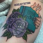 Glittery fairy tale book and rose tattoo by Chelsey Hamilton. #neotraditional #ChelseyHamilton #fairytale #book #sparkly #glittery #rose #flower