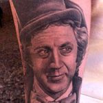 Awesome realistic black and grey work on this portrait Tattoo by Bob Tyrell #WillyWonka #RoaldDahl #chocolate #movie #retro #childhood #blackandgrey #GeneWilder