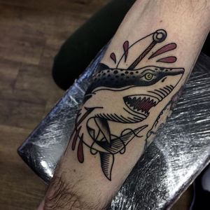 Harpooned Shark Tattoo by Iain Sellar #harpoonedshark #shark #traditional #IainSellar