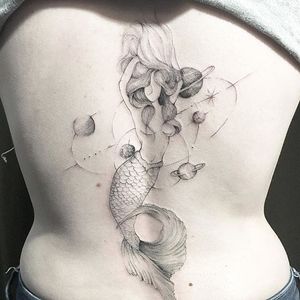 Mermaid constellation tattoo by Luiza Oliveira. #LuizaOliveira #fineline #feminine #blackwork #mermaid #constellation