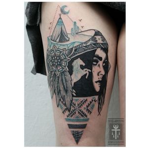 Native girl tattoo by Edgar Lanz #EdgarLanz #contemporary #blackwork #graphic #surrealistic #mashup #nativegirl #horse #pattern #blueink #negativespace