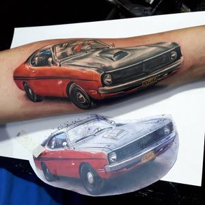Chevy Nova tattoo by Harson Rodriguez #HarsonRodriguez #cartattoos #color #realism #realistic #car #chevy #chevrolet #musclecar #nova #racing #racecar #vintage #tattoooftheday