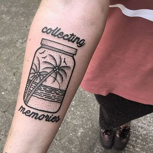 Beach side memories in a jar, by James Armstrong. (via IG—james_armstrong_hmt) #minimalistic #linework #illustrative #blacktattoo #jar #jamesarmstrong