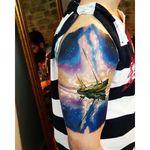 Stunning space-sail themed tattoo by Kobay Kronik. #realism #colorrealism #space #ship #KobayKronik