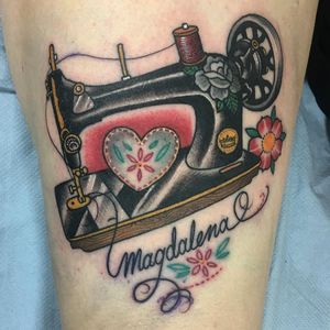 Sewing Machine tattoo by Guen Douglas #GuenDouglas #fashiontattoos #color #neotraditional #newtraditional #mashup #script #flowers #cherryblossom #sewingmachine #heart #thread #sewing #craft #fashion #rose #tattoooftheday