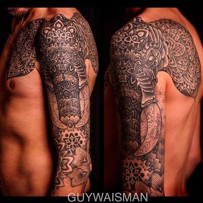 A Mehndi-style Elephant sleeve by Guy Waisman. #guywaisman #sleeve #mehndi #elephant #dotwork