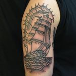 Traditional ship by the indelible Rob Banks at East River Tattoo. (via IG—robbanksofamerica) #traditional #ship #RobBanks #EastRiverTattoo