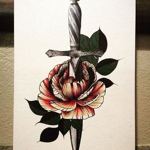 Beautiful piece be Sparks featuring a dagger piercing through a flower. #artshare #dagger #fineart #flower #RogerStark #silverstar #tattooartist #warhero