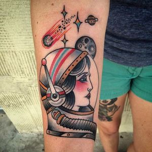 Astronaut by Justin Taylor Brooks of Resurrection Tattoo (via IG-resurrection_tattoo) #austintexas #austin #atx #texas #CityGuides #austintattoos #tattooshops #astronaut #JustinTaylorBrooks #color