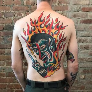 Devil on fire tattoo by Bert Krak #BertKrak #demontattoos #color #traditional #demon #devil #hell #death #fire #middlefinger #backpiece