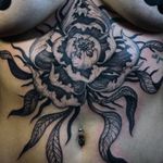 Tattoo by Noel'le Longhaul #NoelleLonghaul #linework #blackwork #dotwork #illustrative #nature #flower #peony #leaves #floral #petals #etching