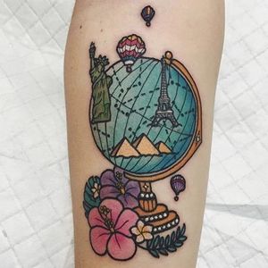 Around the globe tattoo by Lauren Winzer. #Lauren Winzer #girly #globe #travel #eiffeltower