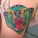 Bear Tattoo by Nick Stambaugh #bear #beartattoo #traditonal #traditionaltattoo #brighttattoos #neon #neontattoo #colorful #quirky #creativetattoos #NickStambaugh