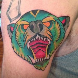 Bear Tattoo by Nick Stambaugh #bear #beartattoo #traditonal #traditionaltattoo #brighttattoos #neon #neontattoo #colorful #quirky #creativetattoos #NickStambaugh
