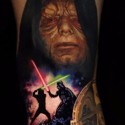 Star Wars tattoo by Nikko Hurtado #NikkoHurtado #color #realism #realistic #photorealism #starwars #movietattoo #darthvader #lukeskywalker #deathstar #darthsidious #lightsaber #tattoooftheday