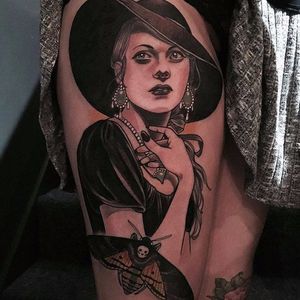 Dark lady tattoo by Jurgen Eckel #JurgenEckel #neotraditional #lady #blackAndWhite #bw