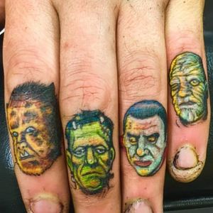 Horror characters finger tattoos by Allan Graves #AllanGraves #haunted #horror #halloween #frankenstein #dracula #werewolf #mummy