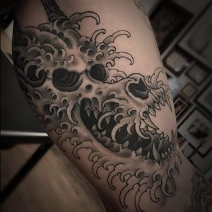 Dragon made of waves tattoo by Matt Beckerich #MattBeckerich #dragontattoos #blackandgrey #Japanese #dragon #waves #ghost #mythicalcreature #legend #myth #mystical #folklore