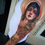 Three-eyed woman portrait tattoo by Matt Tischler. #MattTischler #neotraditional #portrait #woman #fierce #thirdeye #occult #skull