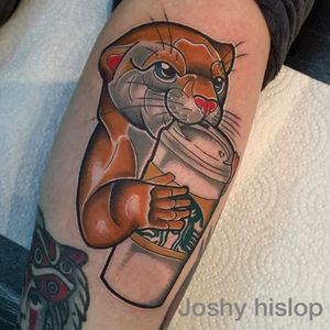 Otter with a serious coffee addiction. Tattoo by Joshy Hislop. #newschool #coffee #otter #JoshyHislop