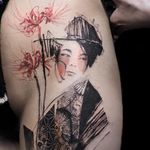 Geisha tattoo by Nadi #Nadi #TattooerNadi #illustrativetattoos #color #illustrative #geisha #lady #girl #Japanese #mashup #flower #floral #kimono #linework #abstract
