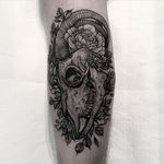 Goat Skull Tattoo by Thomas Bates #goat #goatskull #blackwork #blackworktattoo #blackink #illustrative #illustration #blacktattoos #blackworkartist #ThomasBates